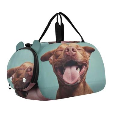 Imagem de Bolsa esportiva divertida para meninos e fim de semana com estampa Pitbull Laugh para viagem, bolsa esportiva infantil, Estampa Happy Pitbull Laugh, Clássico