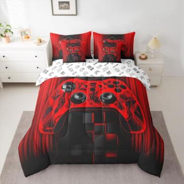 Imagem de jejeloiu Jogo de cama queen com edredom de jogos, 7 peças, para crianças, meninos, decoração de jogos, controle, cama em uma bolsa, vermelho e preto, geométrico, lençol com edredom, lençol