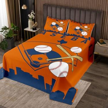 Imagem de Erosebridal Conjunto de colcha de beisebol infantil, 2 peças, conjunto de colcha de beisebol para meninos, adolescentes, softball, esportes, jogos, silhueta urbana, laranja, com 1 fronha, Houston