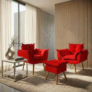 Imagem de Kit 2 Poltronas Decorativa e Puff Para Sala Recepção Manicure Consultório Quarto Alice Tecido Suede