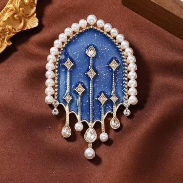 Imagem de Broche de escudo design de meteorito de esmalte azul com acabamento de pérola e fecho de gotas de cristal caindo na lapela para terno, One Size, Liga de aço, Sem Pedra Preciosa