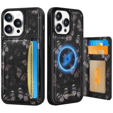Imagem de Uppuppy Capa para iPhone 13 Pro com carteira – Compatível com MagSafe Women Girls Cute Aesthetic Unique Design Suporte de cartão de crédito de couro para Apple 13 Pro, borboleta preta