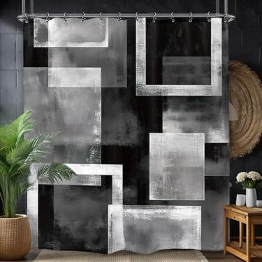 Imagem de Yookeb Cortina de chuveiro de banheiro abstrata preta cinza 152 cm por 188 cm geométrica minimalista moderna contemporânea tecido de poliéster neutro 12 ganchos de plástico à prova d'água decoração