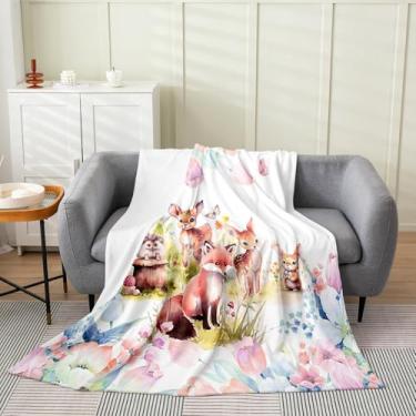 Imagem de Feelyou Cobertor infantil fofo de lã de flanela de coelho de veado raposa solteiro 152 x 203 cm de desenho animado animal cobertor de pelúcia flor estampa floral cobertor felpudo fazenda zoológico