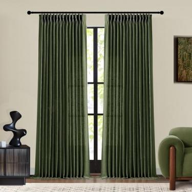 Imagem de Cortinas de linho plissadas verde-oliva 246 cm de comprimento para sala de estar, cortinas plissadas com filtro de luz verde Loden cortina de janela semitransparente de teto grosso com ganchos para