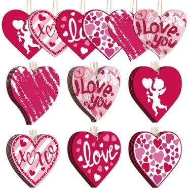 Imagem de CCINEE 24 peças de decoração de dia dos namorados, enfeites de árvore, rosa e branco, enfeites de coração de madeira para pendurar para decoração de árvore e festa em casa