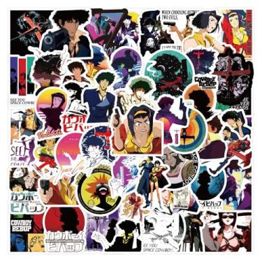 Imagem de 50 peças de adesivos Cowboy Bebop para garrafa de água, decalque de vinil à prova d'água para laptop adolescente adulto skate telefone viagem capa bicicleta guitarra computador capacete (azul)