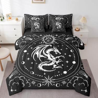 Imagem de Conjunto de edredom King de dragão preto e branco, 7 peças, estampa de estrelas de sol e lua em uma bolsa para crianças, meninos, meninas, adolescentes, conjunto de cama boêmio, hippie com edredom