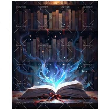 Imagem de Kit de pintura de livro de fantasia por números para adultos - Livro mágico aberto DIY com pintura de luz azul em tela 40,6 x 50 cm, conjunto de tinta acrílica emoldurada, adequado para iniciantes