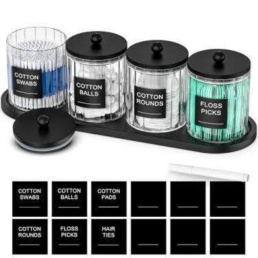 Imagem de masadi Pacote com 4 suportes de vidro Qtip - Organizadores e armazenamento de banheiro, dispensador redondo de algodão com suporte de bola de algodão com bandeja, frascos de boticário de vidro com