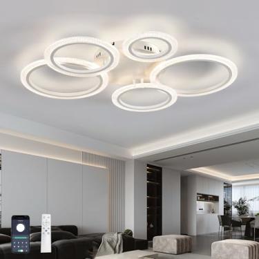 Imagem de Luminária de teto moderna com 5 anéis de cristal, controle remoto, intensidade regulável, 3 temperaturas de cor (3000-6500K), lustre com timer, luz noturna e função de memória, para quarto,