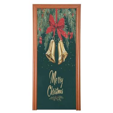 Imagem de SEHANY Capa de porta de sinos de guirlanda de Natal, decoração externa, tecido de alta elasticidade, capa de porta de Natal, faixa de Natal, capa de porta para porta da frente, festa festiva