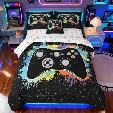 Imagem de Peopleareok Jogo de cama casal, 6 peças, design de controle de jogo preto 3D, cama de solteiro, edredom em uma bolsa, cama de videogame, microfibra macia, para meninos e crianças em todas as estações