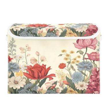 Imagem de SEHANY Elegante caixa de armazenamento de armário de flores silvestres com tampas e alças, organizador de cestas de armazenamento de tecido dobrável, caixas de armazenamento de cubos grandes para