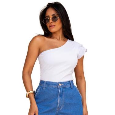 Imagem de Blusa Feminina Ombro Só Básica Nula Manca Top Cropped, Branco, G
