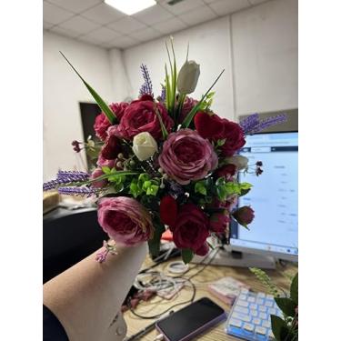 Imagem de GYWJJ Flores artificiais peônia flores falsas rosa seda arranjo para casa cozinha mesa vaso fazenda decoração de casamento
