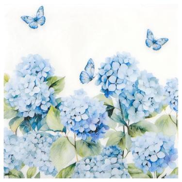 Imagem de 100 guardanapos de papel floral hortênsia azul borboleta floral descartável toalha de mão flor almoço 16,5 cm para primavera verão aniversário festa casamento suprimentos (hortênsia)