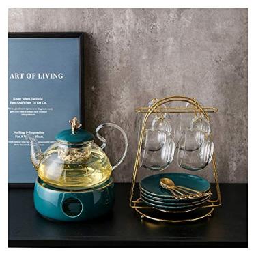 Imagem de Conjunto de chá conjuntos de bule de chá de vidro incluindo xícaras, pires, bandeja de colher, suporte de caneca de metal, conjunto de copo de água doméstico simples e leve estilo luxuoso máquina de