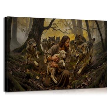 Imagem de Mistyefly Arte de parede de Jesus Cristão - Cartazes com moldura interna de madeira, leve e fácil de pendurar, arte de parede religiosa de ovelha perdida para sala de estar, 30 x 45 cm