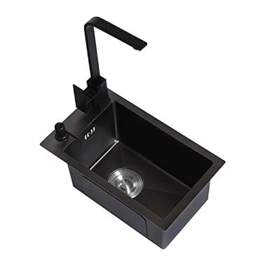 Imagem de Pia de prato de aço inoxidável preta, pia pequena de tigela única para varanda, torneira de furo único quente e frio de cobre (A 38 * 30 * 22 cm) (A 45 * 30 * 22 cm)