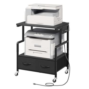 Imagem de YATINEY Suporte de impressora móvel, carrinho de impressora de 3 níveis com gavetas de tecido, mesa de impressora industrial com tomada elétrica e rodas, suporte para impressora rolante para