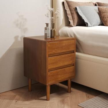 Imagem de Mesa de cabeceira com 3 gavetas, mesa de cabeceira estreita de madeira maciça, mesa de cabeceira moderna de meados do século, mesa de canto de madeira para quarto, sala de estar, escritório