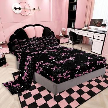 Imagem de jejeloiu Jogo de lençol casal com laço rosa com laço e laço alto, para crianças, meninos, meninas, borboleta, laço alto, respirável, microfibra leve e macia