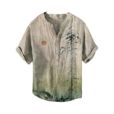 Imagem de Camisa Casual Masculina Com Decote Em V Pequeno, Estampa De Flor De Ma