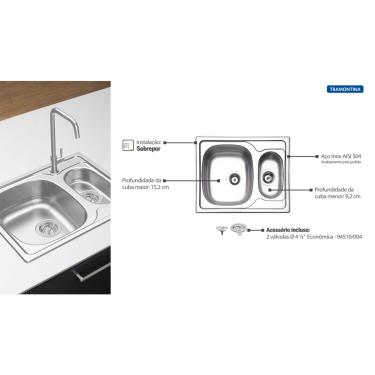Imagem de Cuba de Sobrepor Inox Acetinado 62,5x50cm Vega 1.5C 34 R Tramontina 93823612