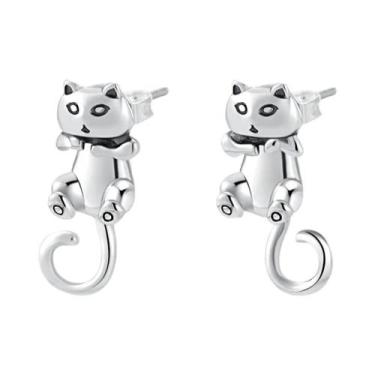 Imagem de Brincos De Argola Dupla Em Prata 925 Com Coração E Gato Para Mulheres,