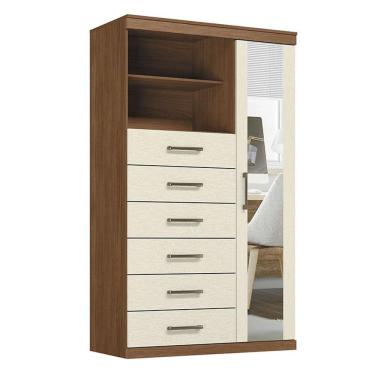 Imagem de Comoda 1 porta 6 gavetas Marabá com espelho Jatobá Areia Acetinado - Santos Andirá