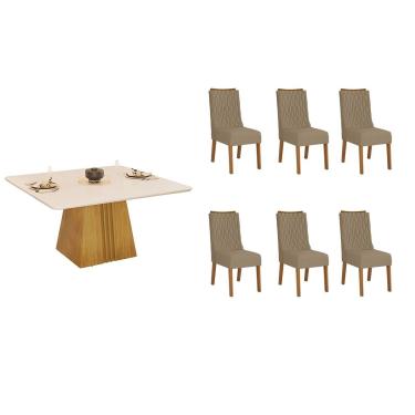 Imagem de Conjunto: Mesa Sala Jantar Itália c/ Tampo Madeirado c/ Vidro Curvo 136x136cm e 6 Cadeiras Jade Cedro/Off White - Linho Bege - DJ Móveis