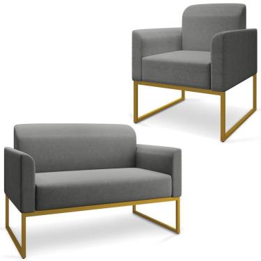 Imagem de Conjunto Namoradeira E Poltrona Linho Grafite/Dourado