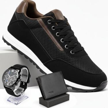 Imagem de Tênis Masculino Casual Sapatênis Preto Jogging Azul Com Relogio - Ferr