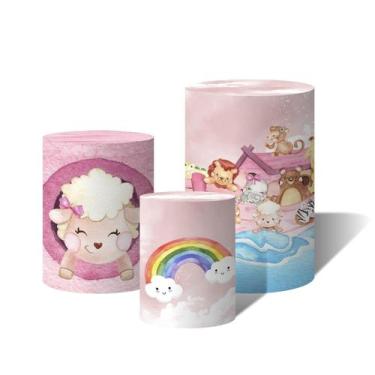 Imagem de Trio de Capas Cilíndricas Versátil Arca de Noe Aquarela Rosa Animais n