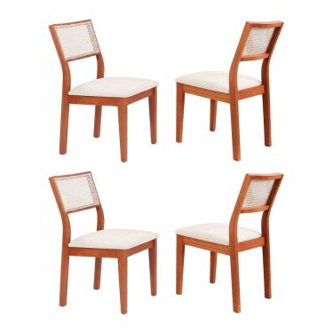 Imagem de Kit 4 Cadeiras Madeira Maciça com Estofado e Fibra Natural Rattan Maya Espresso Móveis Cinamomo/Off White