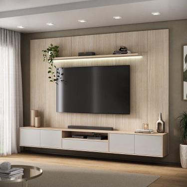 Imagem de Painel para Tv 89 Polegadas com Rack Integrado e Led 100% Mdf 4 Portas 1 Gaveta Yescasa Galiano Grann/Argila