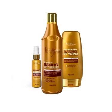 Imagem de Kit Banho de Verniz Forever Liss Shampoo 500ml, Cond. e Oleo