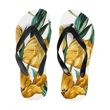 Imagem de Chinelo feminino de dedo em ouro amarelo tulipas folhas finas sandálias de praia para homens sandálias de verão estilo chinelos de viagem, Multicor, 8-9 Narrow Women/6.5-7 Narrow Men