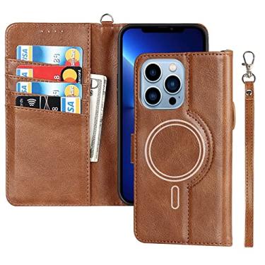 Imagem de GSYH Capa carteira para iPhone 13/13 Pro/13 Pro Max, capa magnética com laço magnético embutido couro PU flip capa encaixes para cartão suporte com bloqueio de RFID, marrom, 13 15,1 cm