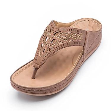 Imagem de Sandália feminina chinelo feminino com suporte de arco para almofada de verão casual strass sandália plataforma sapato slip on plataforma, marrom, 42