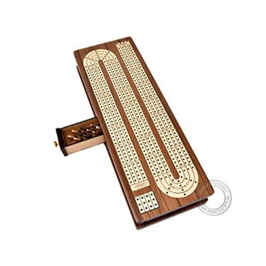 Imagem de House of Cribbage - Quadro de cribbage contínuo embutido em madeira de teca/madeira de bordo - 4 faixas - espaço de armazenamento separado para dois baralhos de cartas e pinos