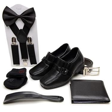 Imagem de Kit Sapato Social Pajem Casamento Infantil Gravata Borboleta Suspensorio Cinto Carteira Meia e Calçadeira Tamanho:20;Cor:Preto;Gênero:Menino;Departamento BS:Esporte
