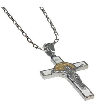 Imagem de Colar de crucifixo de São Bento, dois tons de ouro e prata, aço inoxidável, colar com pingente de cruz de São Bento para proteção divina, perfeito para mulheres e homens (branco)