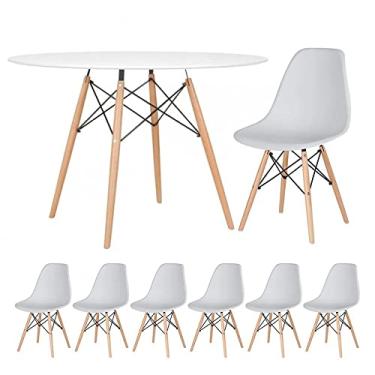 Imagem de Loft7, KIT - Mesa redonda Eames 120 cm branco + 6 cadeiras Eiffel DSW cinza claro