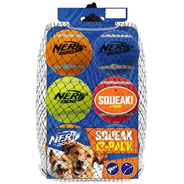 Imagem de Nerf Dog Conjunto de 12 peças de brinquedo para cães, inclui bola de tênis Squeak de 6,3 cm, pacote com 12, material resistente Nerf, multicolorido para todos os tamanhos de raça