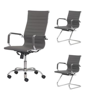 Imagem de Kit Cadeira de Escritório Presidente Stripes + 2 Cadeiras Interlocutor Fixa Cinza Office Waw Design