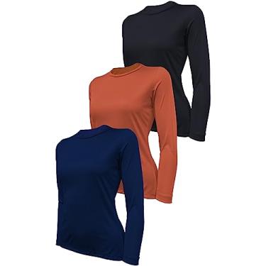Imagem de Kit 3 Camisetas Feminina Skube Com Proteção UV 50+ Dry Fit Segunda Pele Térmica Tecido Termodry Manga Longa - Marinho, Laranja, Preto - P