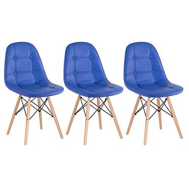 Imagem de Loft7 Home Decor, Kit 3 Cadeiras Estofadas Eames Eiffel Botonê - Madeira clara Azul