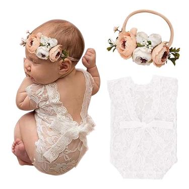 Imagem de Macacão de renda fofo para recém-nascido, adereços de fotografia com faixa de cabeça de flor, roupas clássicas florais para meninas, princesas, gêmeos, festa de aniversário (2 peças)